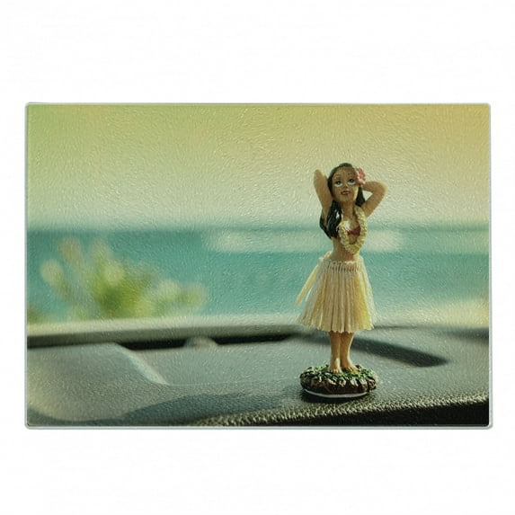 Hula Girl Cutting Board, Dancer Woman Doll in the Car Accessory Tourism Hawaiian Travel, Decorative Tempered Glass Cutting and Serving Board, in 3 Sizes, by Ambesonne