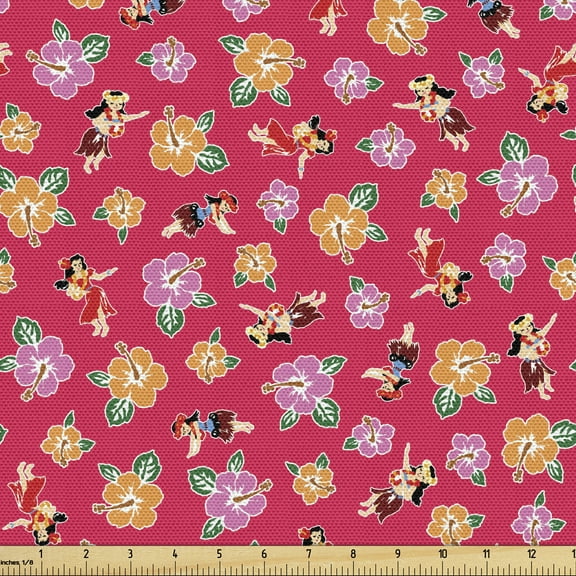 Hula Girl Fabric by the Yard Upholstery, Hibiscus Floral Bloom Petals Performers Tropic Charms Ethnic, Decorative Fabric for DIY and Home Accents, 5 Yards, Dark Pink Multicolor by Ambesonne