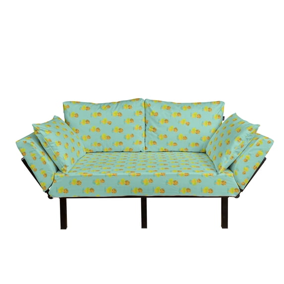 Hula Girl Futon Couch, Polynesian Dancer Women Exotic Culture Summer Tahiti Vacation, Daybed with Metal Frame Upholstered Sofa for Living Dorm, Loveseat, Turquoise Apple Green, by Ambesonne