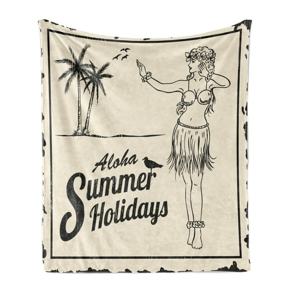 Hula Girl Soft Flannel Fleece Blanket, Aloha Summer Holidays Vintage Poster Pattern with a Girl Dancing Summer, Cozy Plush for Indoor and Outdoor Use, 60" x 80", Cream Charcoal Grey, by Ambesonne