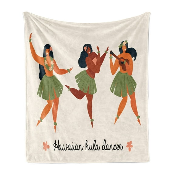 Hula Girl Soft Flannel Fleece Blanket, Hawaiian Performers Beach Party with Hibiscus Ukulele Summer Party Entertainment, Cozy Plush for Indoor and Outdoor Use, 60" x 80", Multicolor, by Ambesonne