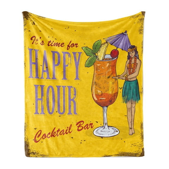 Hula Girl Soft Flannel Fleece Blanket, It is Time for Happy Hour Cocktail Bar Vintage Advertising Grunge Pattern, Cozy Plush for Indoor and Outdoor Use, 70" x 90", Mustard Multicolor, by Ambesonne