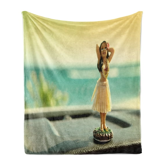 Hula Girl Soft Flannel Fleece Throw Blanket, Dancer Woman Doll in the Car Accessory Tourism Hawaiian Travel, Cozy Plush for Indoor and Outdoor Use, 50" x 60", Pale Green Turquoise, by Ambesonne