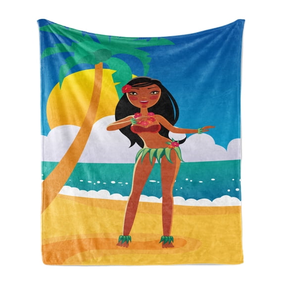 Hula Girl Soft Flannel Fleece Throw Blanket, Hawaiian Girl Dancing on the Beach by Palm Trees Exotic Holiday Themed Design, Cozy Plush for Indoor and Outdoor Use, 50" x 60", Multicolor, by Ambesonne