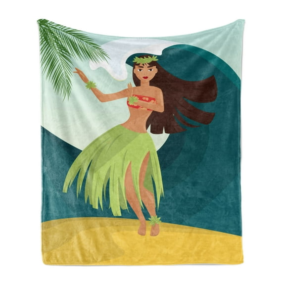 Hula Girl Soft Flannel Fleece Throw Blanket, Woman Dancing on Sandy Beach Surfing Waves Aloha Palm Trees Hello Summer, Cozy Plush for Indoor and Outdoor Use, 60" x 80", Multicolor, by Ambesonne