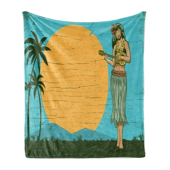 Hula Girl Soft Flannel Fleece Throw Blanket, Woman Playing Ukulele by the Sun Musical Island Vacation Spots, Cozy Plush for Indoor and Outdoor Use, 50" x 60", Mustard Olive Green, by Ambesonne