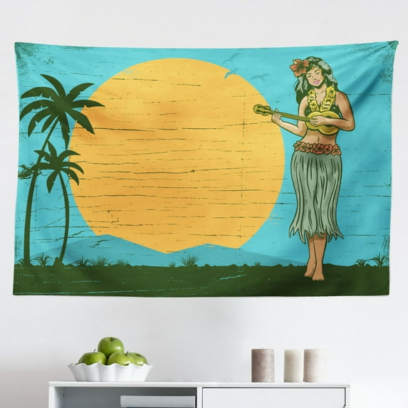 Hula Girl Tapestry, Hibiscus Flowers with an Exotic Dancer Aloha Botanical Blossom, Fabric Wall Hanging Decor for Bedroom Living Room Dorm, 2 Sizes, Royal Blue Multicolor, by Ambesonne