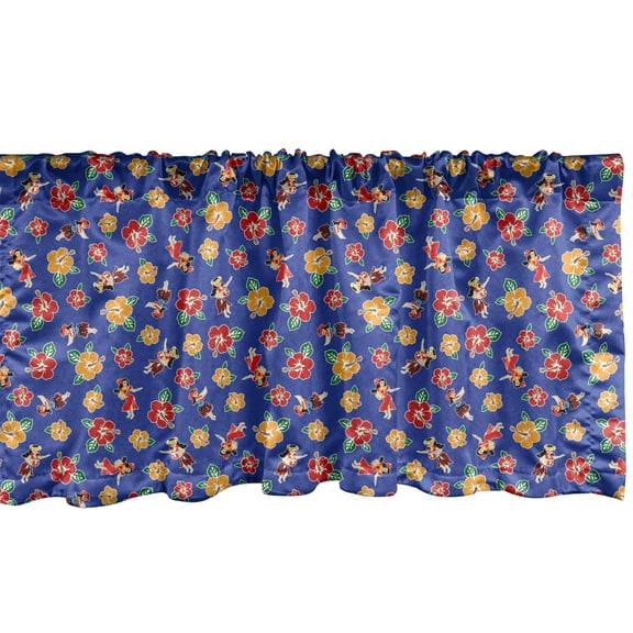 Ambesonne Hula Girl Valance Pack of 2, Hibiscus Flowers Dancer, 54"X18", Royal Blue Multicolor