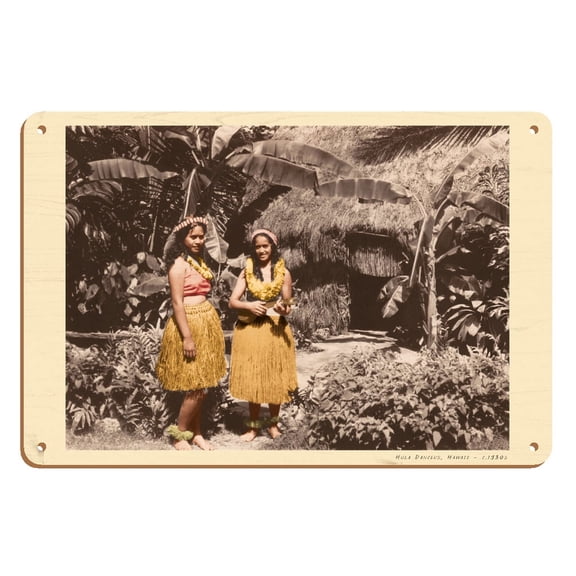 Hula Girls Hawaii - Vintage B&W Historical Photograph c.1930 - 8 x 12 inch Vintage Wood Art Sign