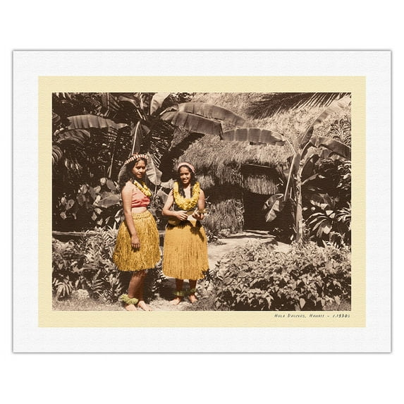 Hula Girls Hawaii - Vintage B&W Historical Photograph c.1930 - Fine Art Rolled Canvas Print (Unframed) 20in x 26in