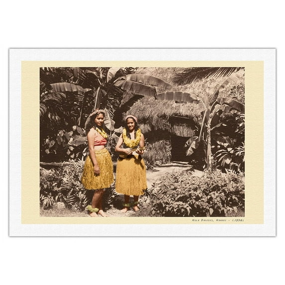 Hula Girls Hawaii - Vintage B&W Historical Photograph c.1930 - Fine Art Rolled Canvas Print (Unframed) 27in x 40in
