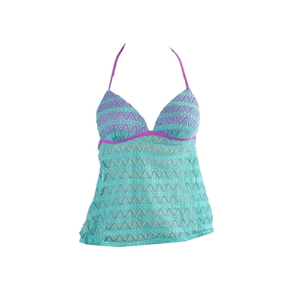 Hula Honey Aqua Lilac Crochet Push Up Halter Tankini Top XS