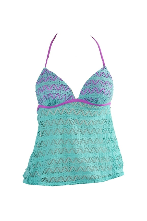 Aqua Lilac Crochet Push Up Halter Tankini Top XS