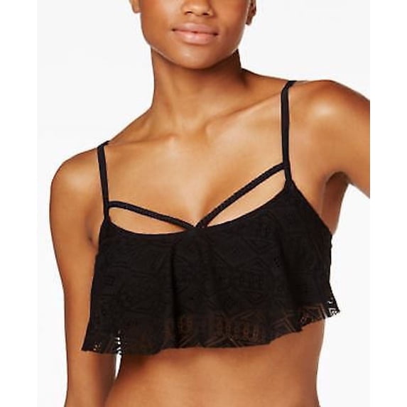Hula Honey BLACK Crochet Flounce Bralette Bikini Swim Top, US Large