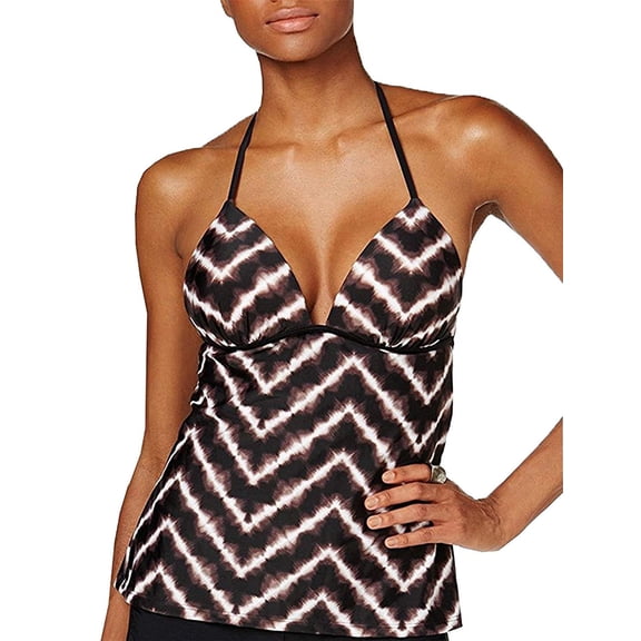 Hula Honey BLACK/GREY Electric Tie-Dyed Push-Up Halter Tankini Top, US Large