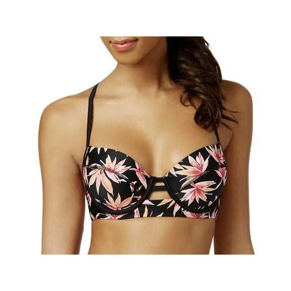 Hula Honey BLACK Tropical Print Balconet Swim Top, US Small