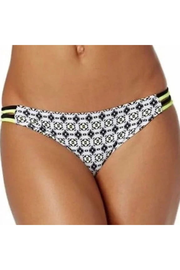BLACK/YELLOW Geo-Print Strappy Hipster Bikini Swim Bottom, US Small