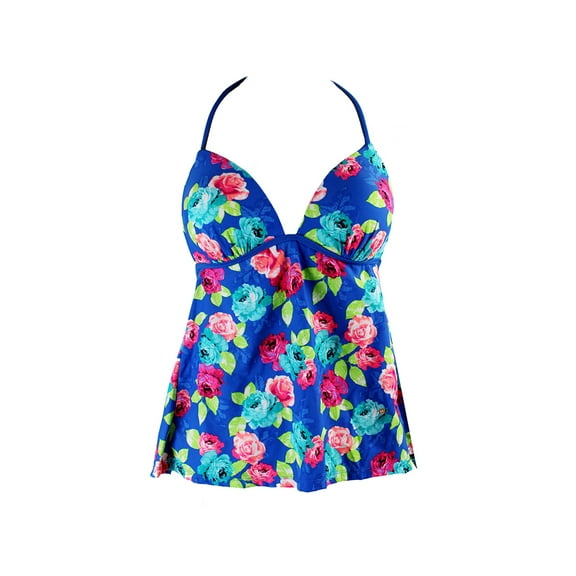 Hula Honey Cobalt Rose-Print Push-Up Tankini Top XS