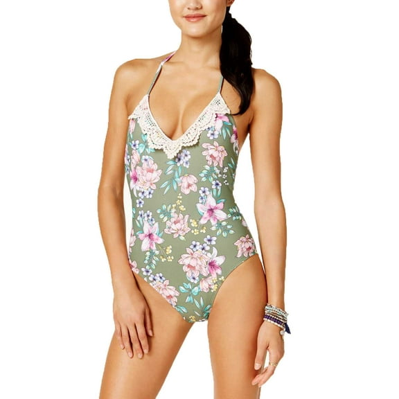 Hula Honey Juniors' Tropic Romance Halter One-Piece Swimsuit, Floral Olive, Sm