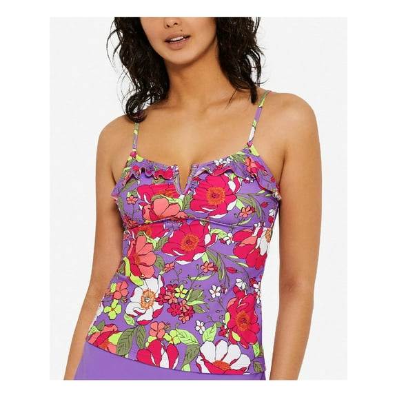 Hula Honey Womens Floral Ruffle Swim Top Separates Purple S