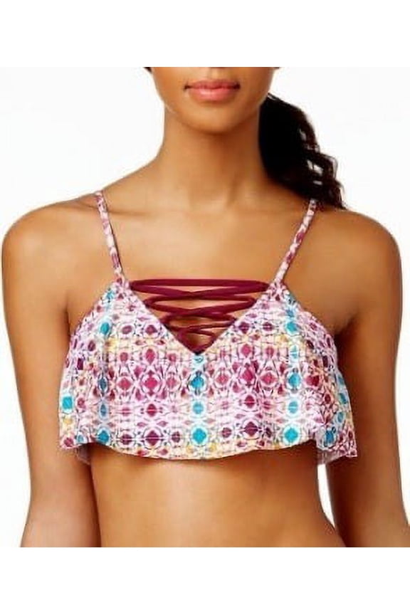 WINE Printed Strappy Flounce Bralette Bikini Swim Top, US Medium