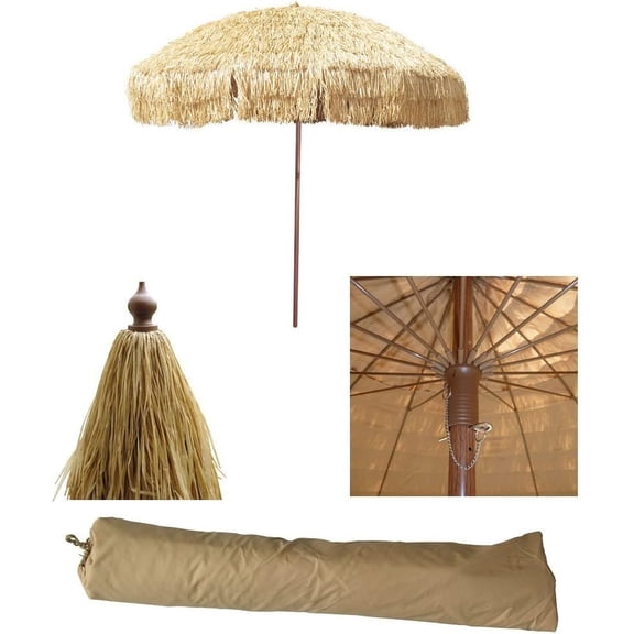 Hula Thatched Tiki Umbrella Tropical Palapa Raffia Tiki Hut Hawaiian Patio Umbrella with Fringe Boho Parasol 6' 8' & 9' Options