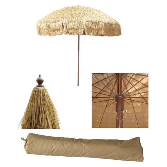 Hula Thatched Tiki Umbrella Tropical Palapa Raffia Tiki Hut Hawaiian Patio Umbrella with Fringe Boho Parasol 6' 8' & 9'