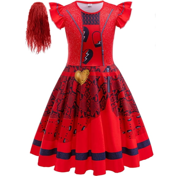 Hulaha Girls Red Punk Dress Kids Party Dress Costume with Wig