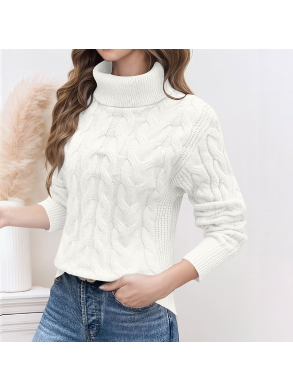 Knitted Sweater Womens Long Sleeve High Neck Solid Color Casual Top Work Daily Weekend