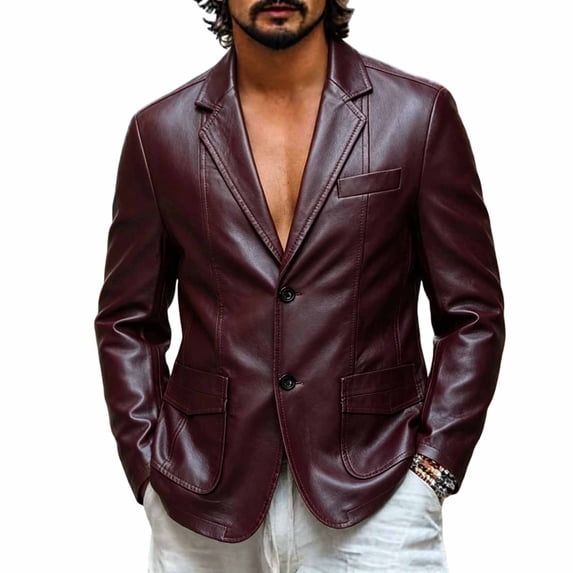 Hulanddfd Men Blazer Long Sleeve Lapel Collar Button Down Faux Leather Loose Fit Casual Outwear Lightweight Comfortable Everyday Wear