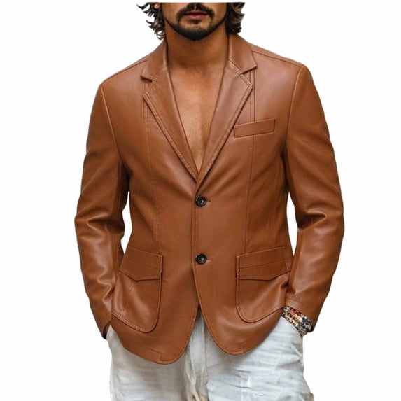 Hulanddfd Men Blazer Long Sleeve Lapel Collar Button Down Faux Leather Loose Fit Casual Outwear Lightweight Comfortable Everyday Wear