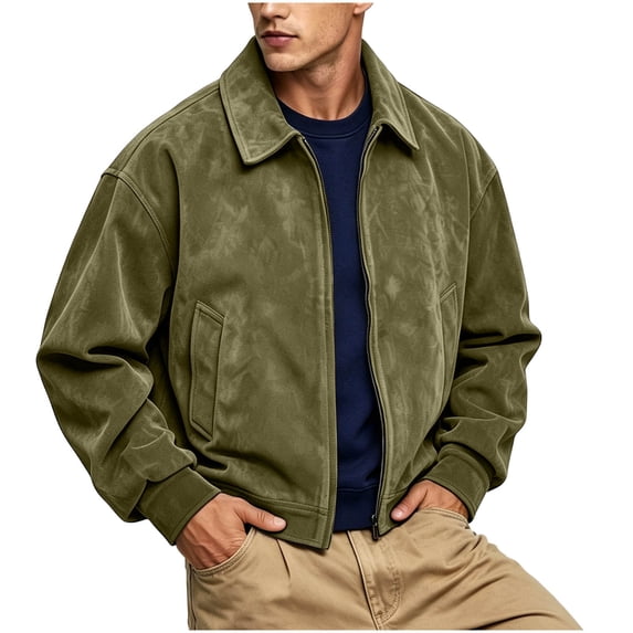 Hulanddfd Men Jacket Faux Leather Bomber Collared Zip Up Flap Pockets Long Sleeve Casual Motorcycle Streetwear Fall Winter Outerwear