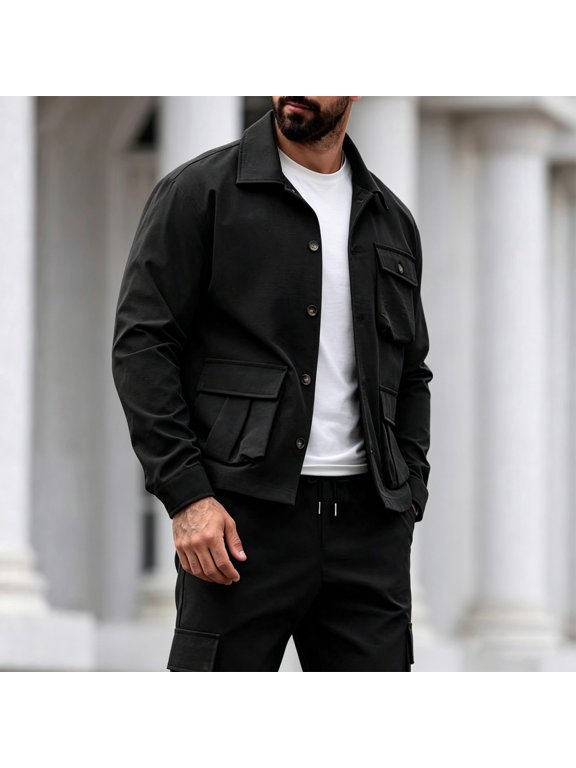 Men's Cargo Jacket Turn Down Collar Button Down Multi Pocket Casual Military Field Coat Fall Winter Outerwear