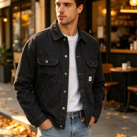 Hulanddfd Men's Denim Jacket Turn Down Collar Button Down Multi Pocket Casual Trucker Coat Fall Winter Outerwear
