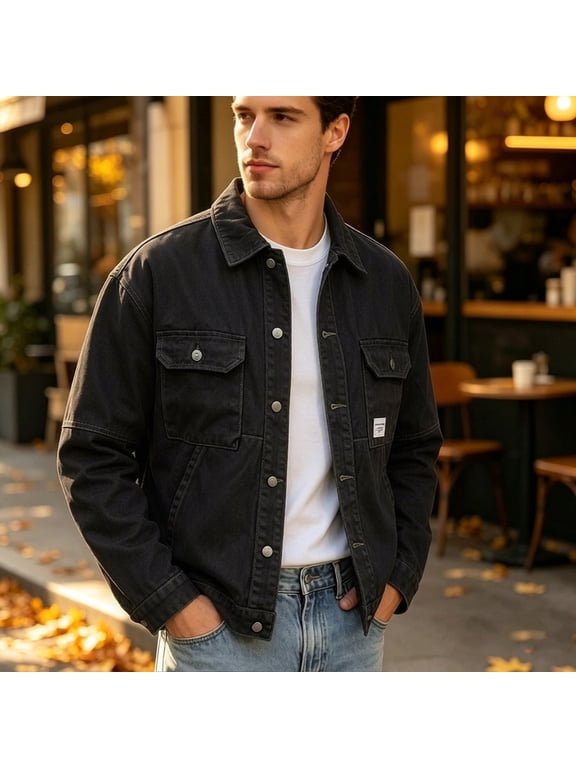 Men's Denim Jacket Turn Down Collar Button Down Multi Pocket Casual Trucker Coat Fall Winter Outerwear