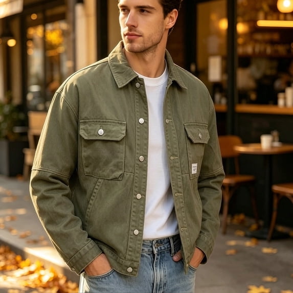 Hulanddfd Men's Denim Jacket Turn Down Collar Button Down Multi Pocket Casual Trucker Coat Fall Winter Outerwear