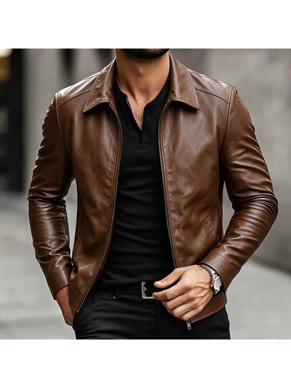 Men's Faux Leather Jacket Zip Up Turn Down Collar Moto Bomber Coat with Pockets Casual Outerwear for Fall Winter Daily Wear Streetwear Work Travel Outdoor Activities Brown M