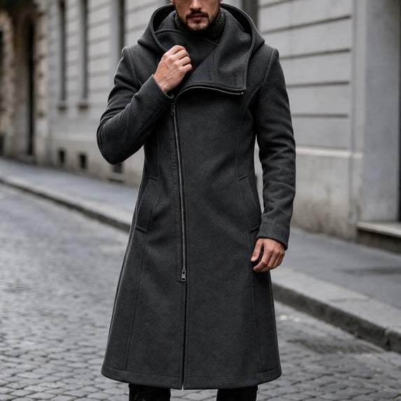 Hulanddfd Men's Faux Leather Trench Coat Hooded Zip Up Long Windbreaker Casual Fall Winter Outerwear