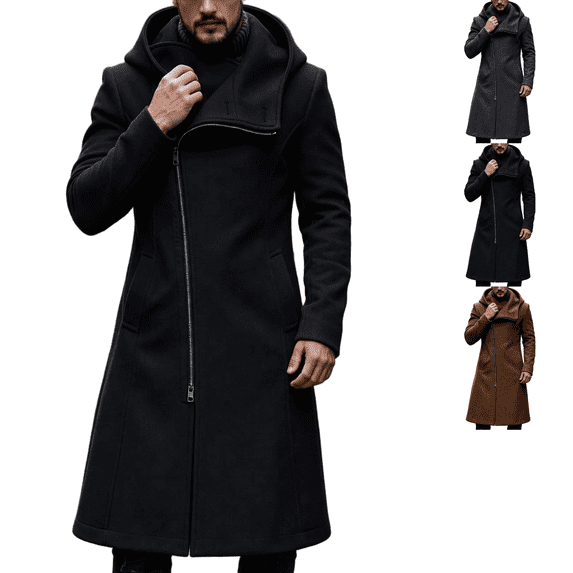 Hulanddfd Men's Faux Leather Trench Coat Hooded Zip Up Long Windbreaker Casual Fall Winter Outerwear