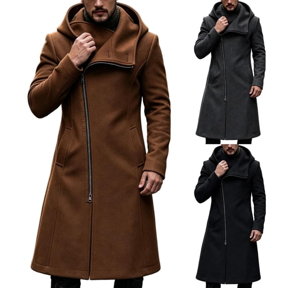 Hulanddfd Men's Faux Leather Trench Coat Hooded Zip Up Long Windbreaker Casual Fall Winter Outerwear