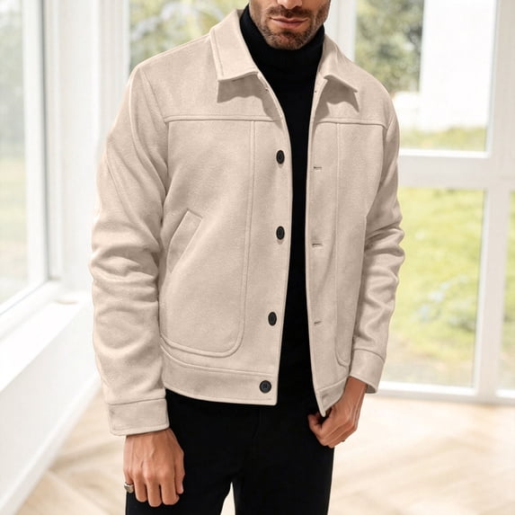 Hulanddfd Men's Faux Suede Jacket Turn Down Collar Button Down Casual Trucker Coat Fall Winter Outerwear
