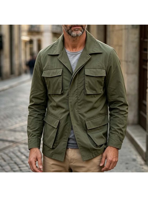 Men's Lightweight Military Jacket Button Down Collared Casual Utility Coat with Pockets for Spring Fall Daily Wear Outdoor Travel Work Streetwear