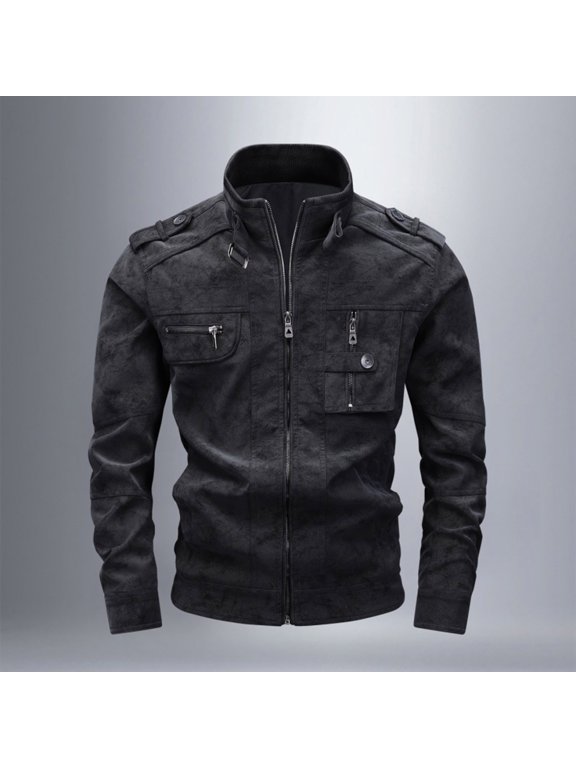 Men's Military Jacket Zip Up Stand Collar Cargo Bomber Coat with Pockets Windproof Casual Outerwear for Fall Winter Daily Wear Streetwear Work Travel Outdoor Activities Black S