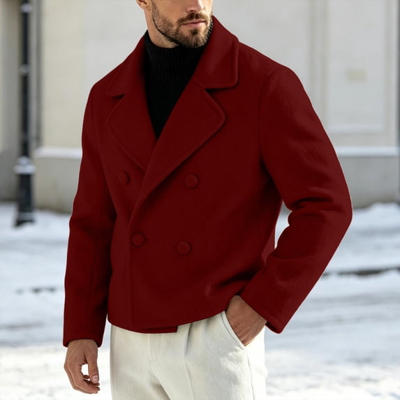 Hulanddfd Men's Pea Coat Turn Down Collar Double Breasted Short Wool Blend Jacket Casual Fall Winter Outerwear