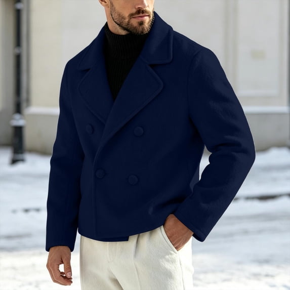 Hulanddfd Men's Pea Coat Turn Down Collar Double Breasted Short Wool Blend Jacket Casual Fall Winter Outerwear
