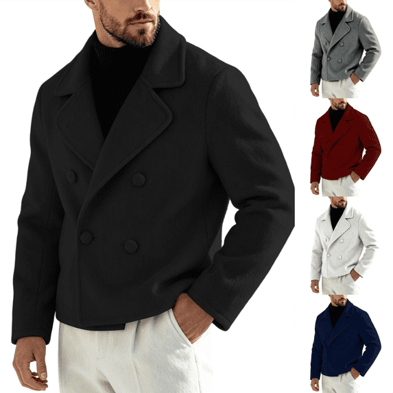 Hulanddfd Men's Pea Coat Turn Down Collar Double Breasted Short Wool Blend Jacket Casual Fall Winter Outerwear