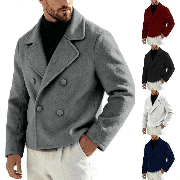 Hulanddfd Men's Pea Coat Turn Down Collar Double Breasted Short Wool Blend Jacket Casual Fall Winter Outerwear