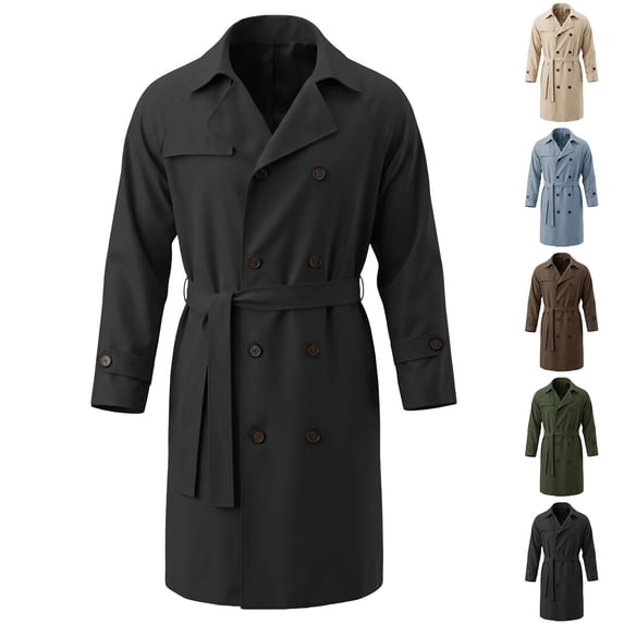 Hulanddfd Mens Coat Double Breasted Belted Trench Coat, Long Windbreaker with Pockets & Button Cuffs, Elegant Outerwear