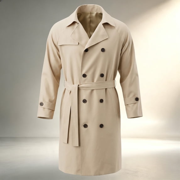 Hulanddfd Mens Coat Double Breasted Belted Trench Coat, Long Windbreaker with Pockets & Button Cuffs, Elegant Outerwear