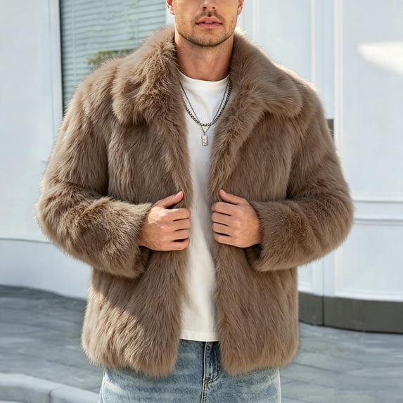 Hulanddfd Mens Coat Faux Fur Short Overcoat, Fluffy Lapel Collar Outerwear with Pockets, Luxury Winter Wear